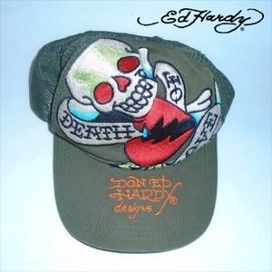 Ed Hardy Trucker Hat Death of Love Dark Moss Green